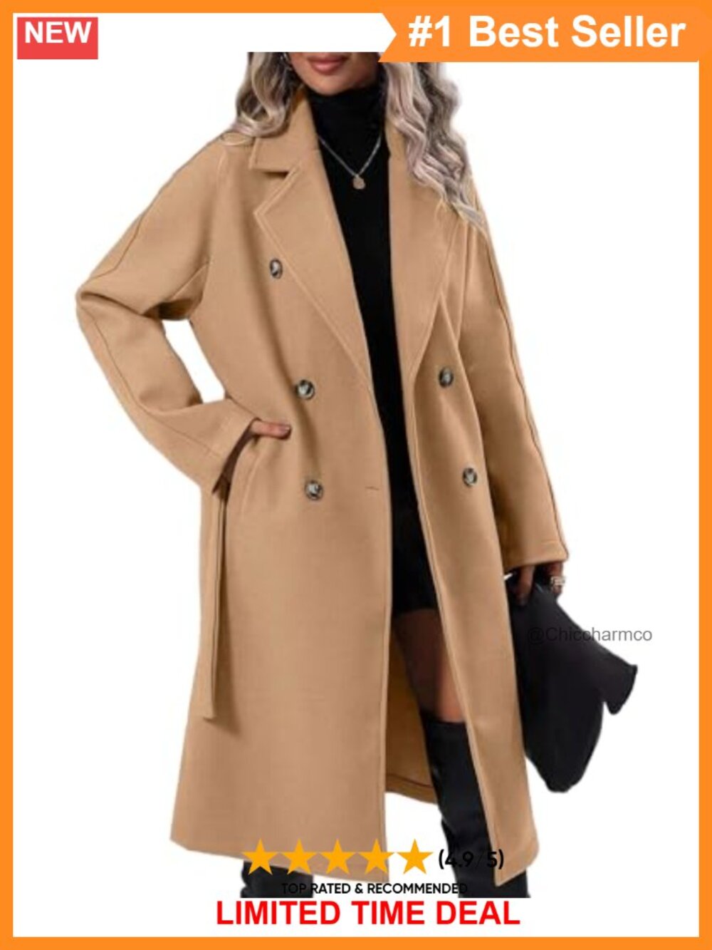 Women's Oversized Wool Blend Belted Double Breasted Long Pea Coat